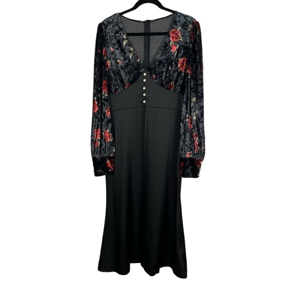 Retro-Stage Dresses & Skirts - NWT Babydoll Velveteen Black Floral Bodice Satin Skirt Midi Dress XXL Whimsigoth